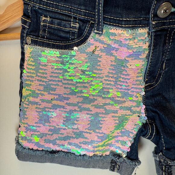 ordache Girls Denim Shorts Size 6 Iridescent Sequin Details Cuffed Dark Wash - Picture 4 of 7